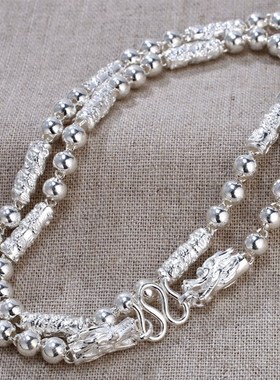 999纯银龙头项炼男士时尚霸气潮男银炼子白银圆珠炼银饰男友礼物