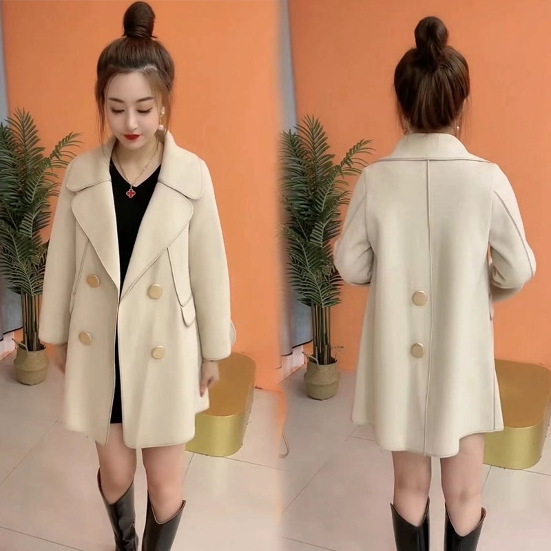 网红爆款毛呢外套女春秋新款韩版双面绒气质中长款双排扣呢子大衣