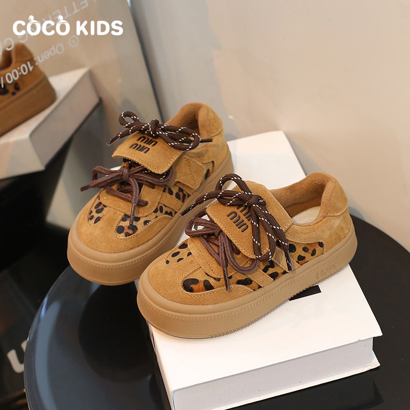女童运动鞋加绒儿童板鞋q二棉真皮豹纹休闲鞋子2024秋冬新款德训