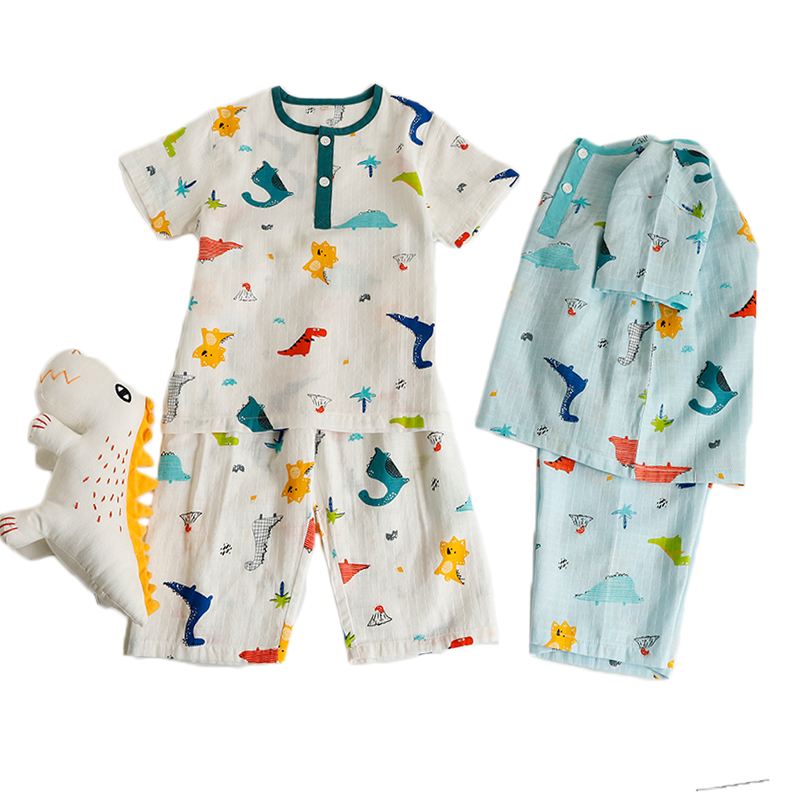 夏季薄款男童纯棉纱布睡r衣短袖套装日式无侧缝裤中儿童长袖家居