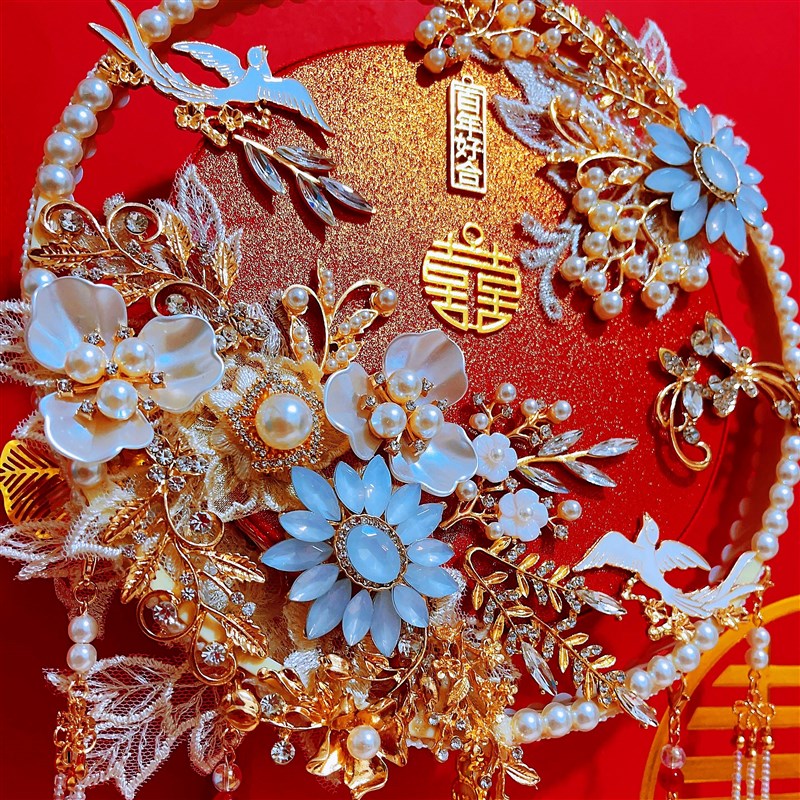 中式红金面圈团扇diy材料包成品新娘结婚龙凤秀禾服手捧花束