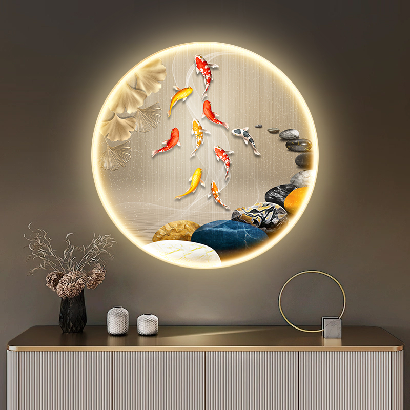 九鱼图入户玄关装饰画高级感挂画圆形led灯画正对门走廊过道壁画