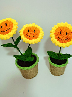 小猪编织屋手工毛线编织玫瑰红掌向日葵牡丹盆景摆放卉