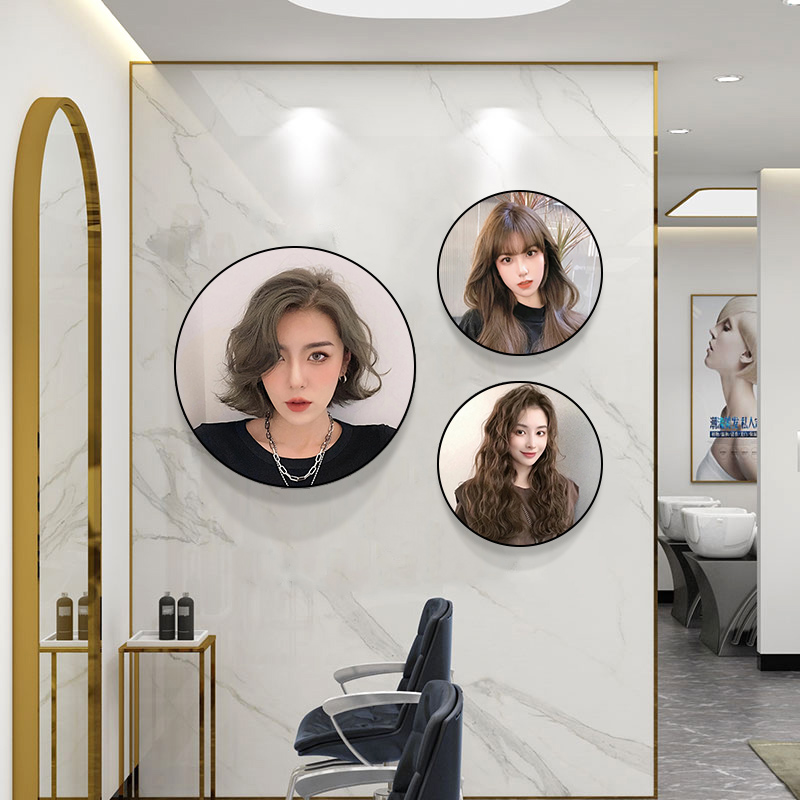 理发店墙面装饰画发廊美发店挂画圆形2022新款美女发型图片墙壁画