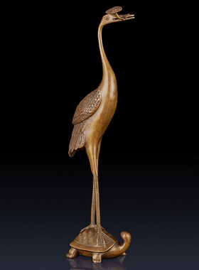 纯黄铜灵芝鹤工艺品笔挂龟鹤办公室家居龟鹤装饰品铜仙鹤