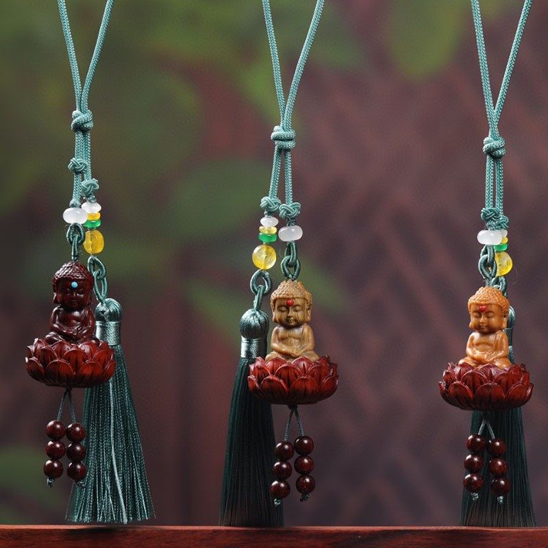 阿根廷绿檀木汽车挂饰男士车载紫檀香木莲花雕刻小佛后视镜吊坠