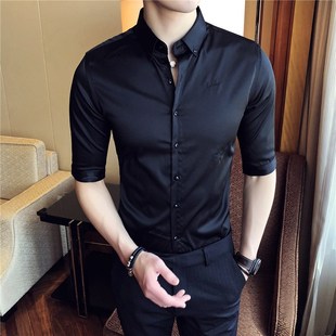 刺绣免烫休闲衬衣男修身 英伦熟男士 中袖 七分袖 自制 衬衫 2024春装