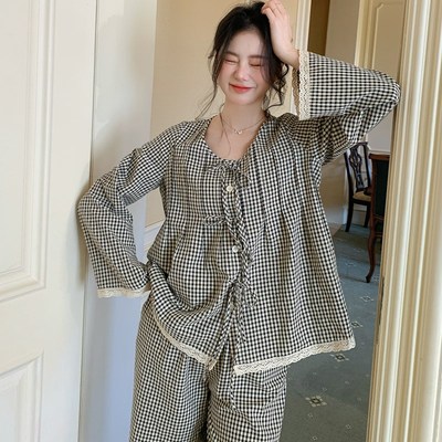 女款宽松格子睡衣纯棉布料100全棉女2025新款长袖家居服套装夏季