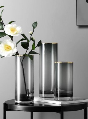 简约金边直筒圆形灰色玻璃插花水养花瓶金口花瓶家居餐桌客厅摆件