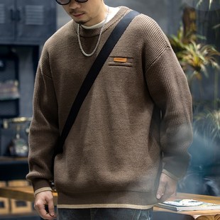 宽松套头圆领毛线衣打底衫 复古毛衣男冬季 男士 休闲针织衫 潮牌美式