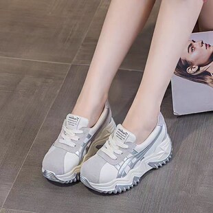 真皮百搭7cm松糕底洋气休闲运动老爹鞋 秋季 女2024新款 厚底小白鞋