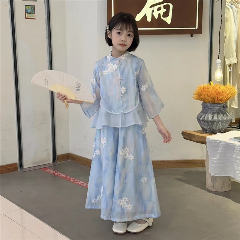 女童夏季新中式重工刺绣碎花上衣阔腿裙裤超好看古风小清新套装潮图片