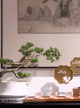 新中式禅意迎客松样板间售楼处会所书房软K装展厅书靠摆件批量定