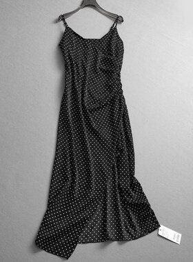 黑色波点捏褶收腰修身V领无袖细肩带吊带裙显瘦长裙女连衣裙L192