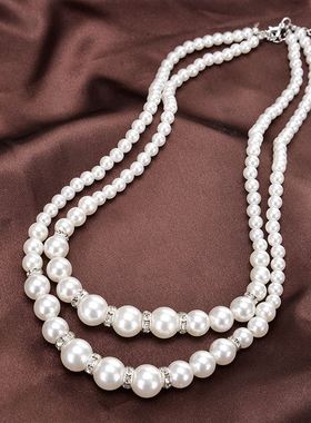 旗袍珍珠项链双层女士多层锁骨链子装饰法式复古颈链毛衣链子063