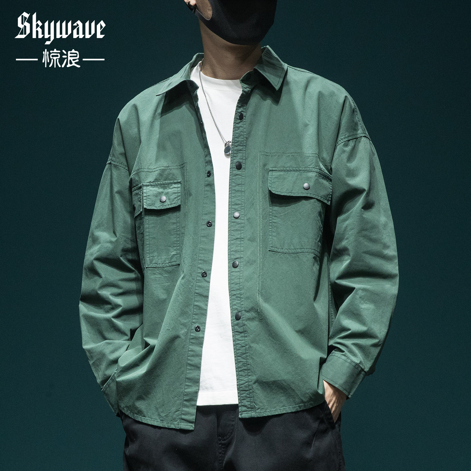 日系潮流工装衬衫男宽松加大码纯棉秋季长袖上衣高街潮牌衬衣外套