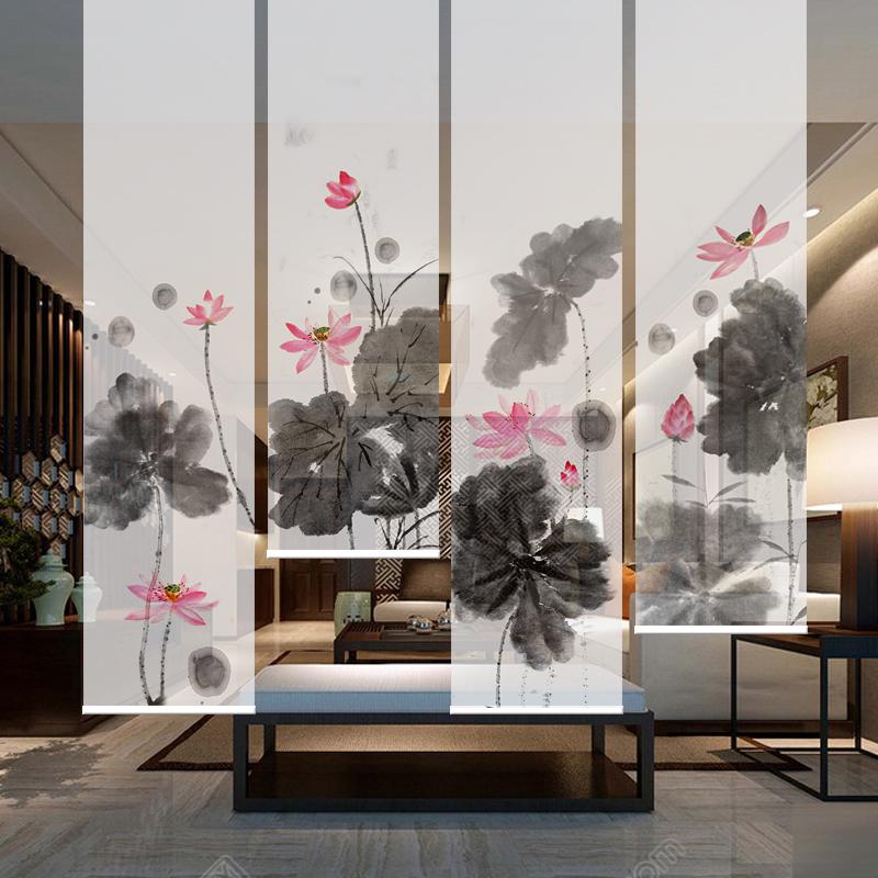 个性定制古典国画风格现代中式屏风隔断水墨荷花遮光隔热卷帘