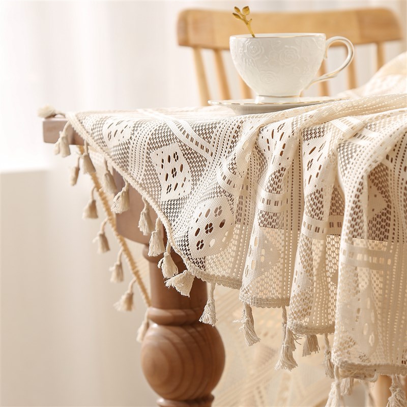 田园涤棉镂空钩花餐桌布米色茶几布流苏台布床头柜边柜电视柜盖巾