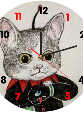 樋口裕子猫咪木制壁挂钟手绘设计圆形动物装饰实木钟民宿墙饰