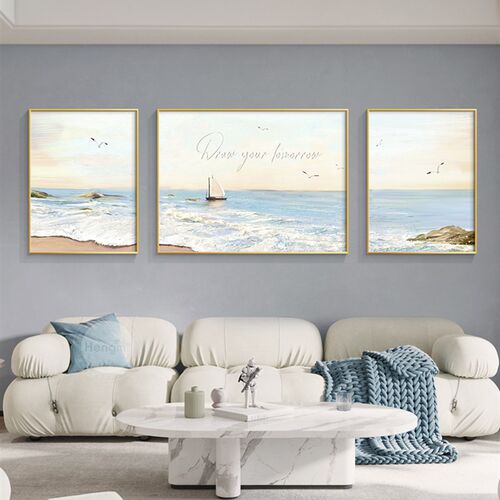 现代客厅装饰画奶油风海浪风景三联画挂画抽象沙发背景墙壁画