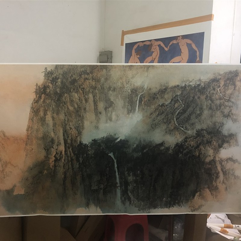 1:1张大千湖州晚霞图真迹国画山水画微喷名画复制品客厅装饰挂轴