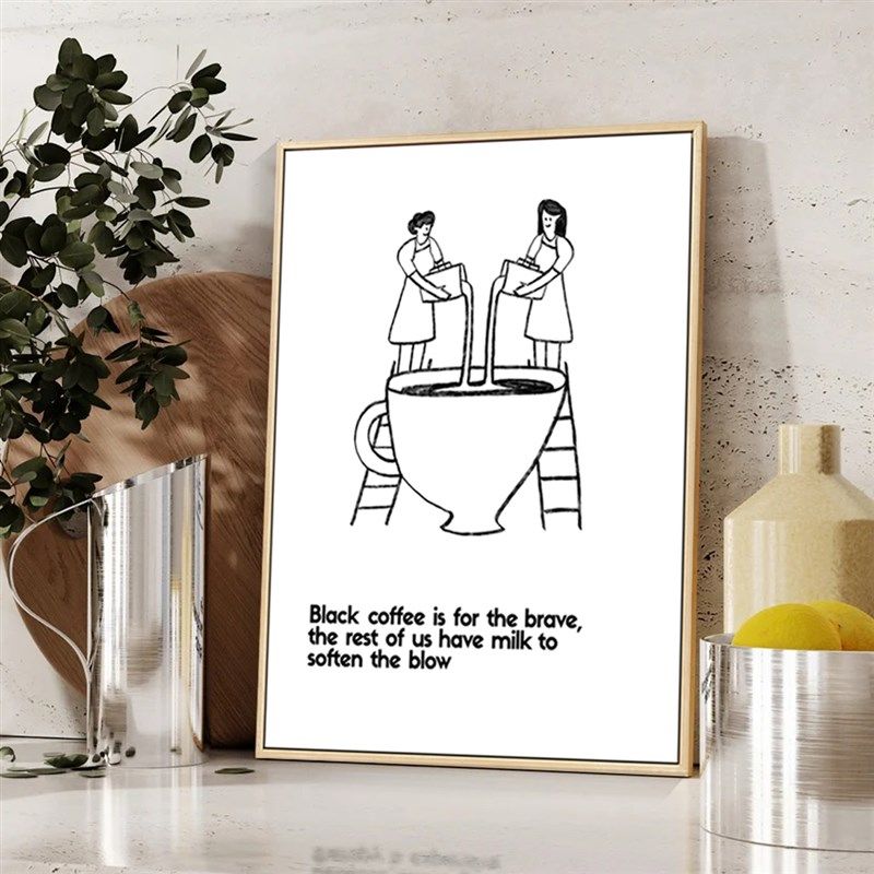 咖啡装饰画背景墙画风格奶茶店饭厅壁画黑白线条壁画,家居饰品,现代装饰画,淘宝优惠券,粉丝福利购,淘宝优惠卷