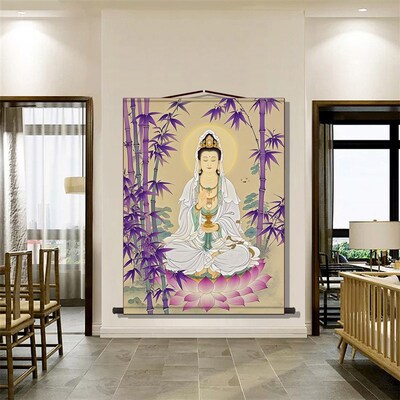 紫竹林中观自在普陀山中观世音菩萨画像 佛堂客厅卷轴挂画丝绸画