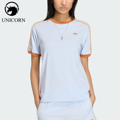 Adidas/阿迪达斯官方正品三叶草新款女浅蓝橙色亲肤短袖T恤KY8125