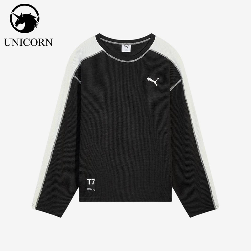 Puma/彪马正品T7新款男黑白色亲肤柔软经典拼色长袖T恤637436-01