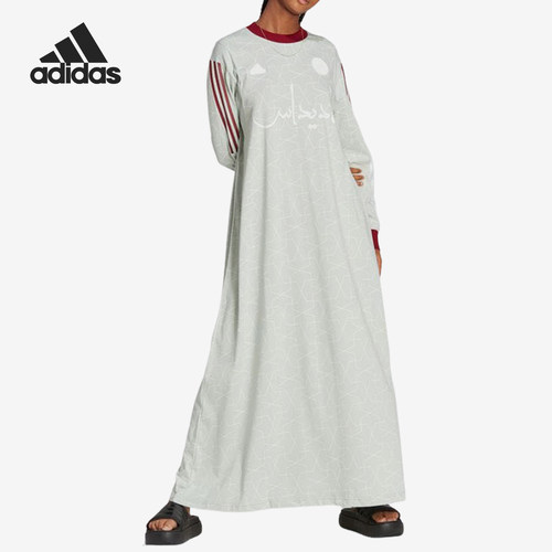 Adidas阿迪达斯正品条纹圆领长袖女款运动休闲款连衣裙HS5919