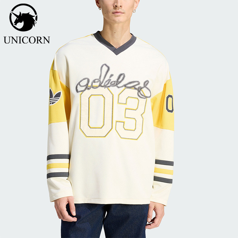 Adidas/阿迪达斯正品三叶草新款男米白黄色经典亲肤长袖T恤KU9188