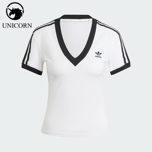 Adidas/阿迪达斯正品三叶草女士条纹V领透气短袖T恤IR8114