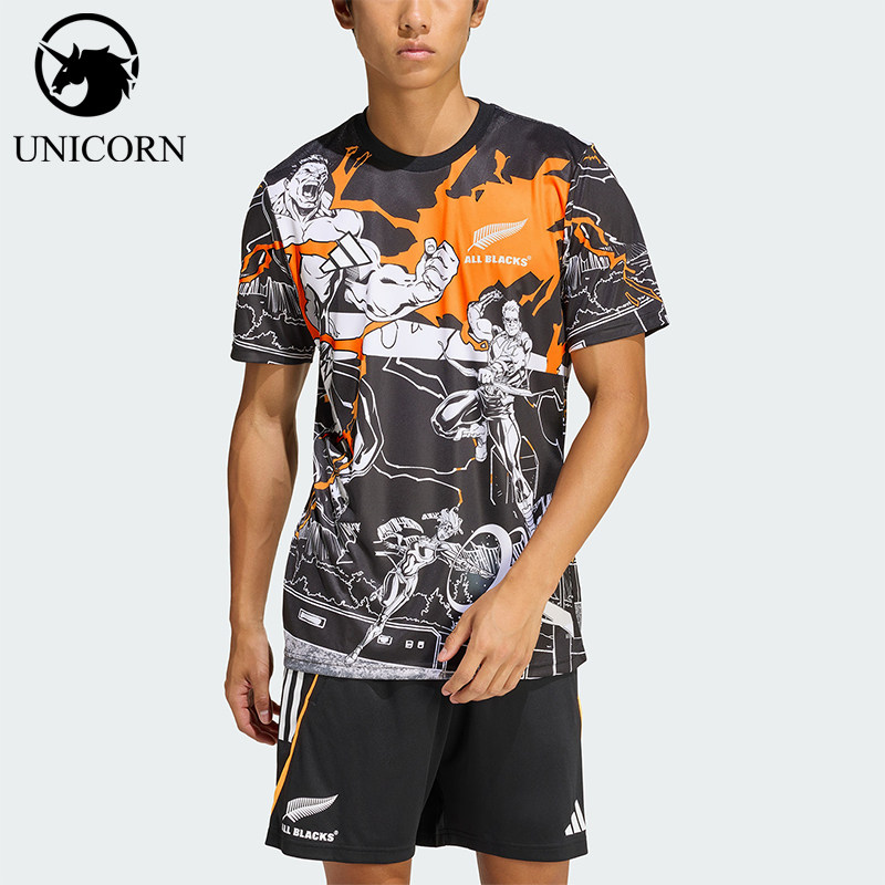 Adidas/阿迪达斯正品新款男黑橙色橄榄球跑步经典短袖T恤JV7531