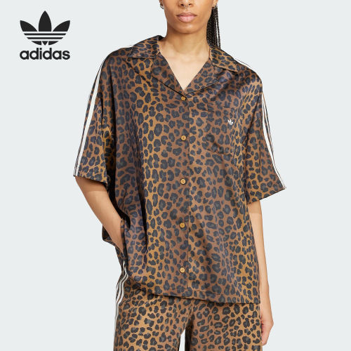 Adidas/阿迪达斯官方正品三叶草女士豹纹缎面时尚翻领衬衫KA2678