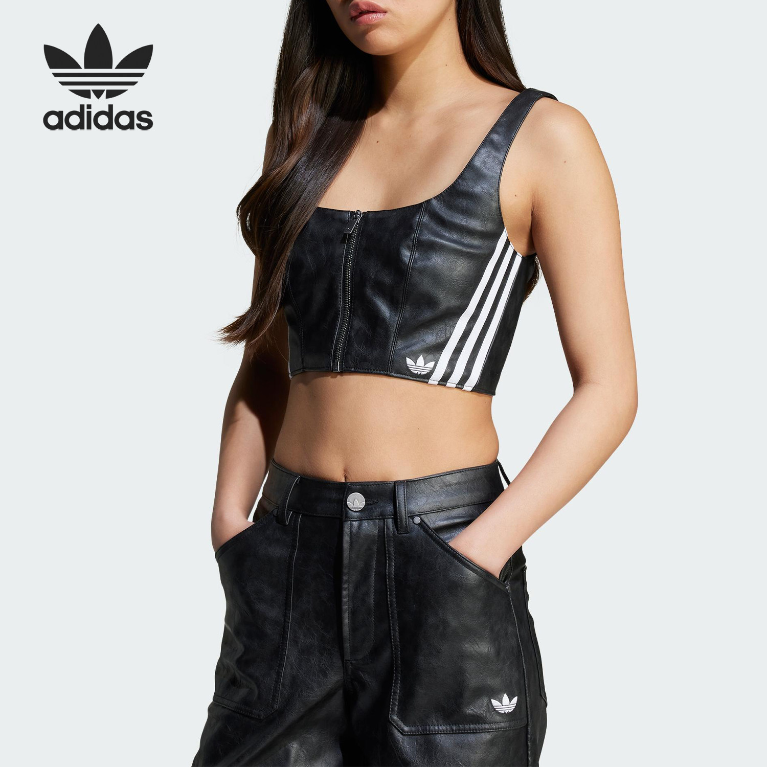Adidas/阿迪达斯正品三叶草女士条纹修身经典短款背心T恤JY6309