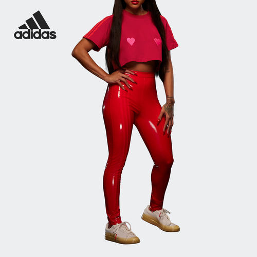 Adidas/阿迪达斯正品女士图案三条纹圆领短袖截短上衣HI1978
