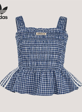 Adidas/阿迪达斯正品三叶草女士修身格纹荷叶边运动背心T恤KX7035
