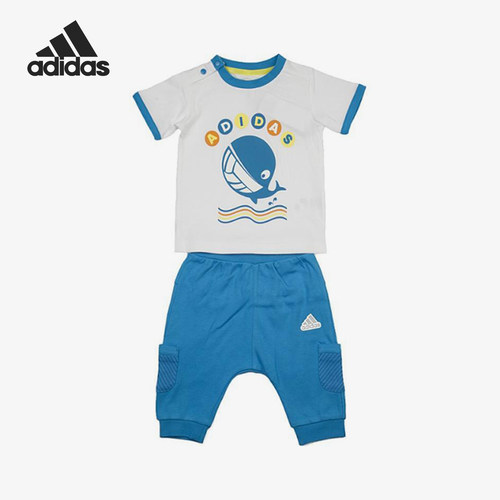 Adidas/阿迪达斯正品新款婴童白蓝色柔软经典亲肤短袖套装AP6382