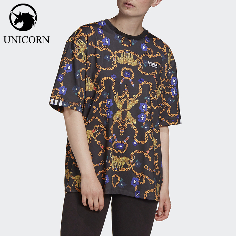 Adidas/阿迪达斯正品三叶草女士透气套头满印印花短袖T恤GD4268