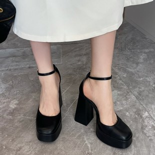 粗跟包头凉鞋 模特走秀 女13CM超高跟圆头中空网红小个子防水台单鞋