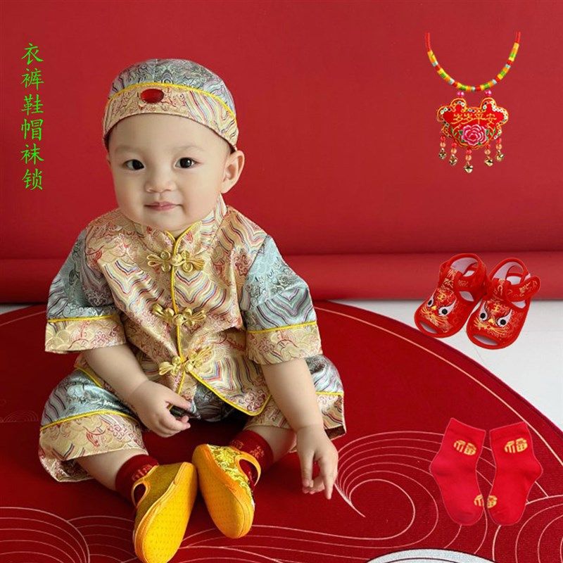 宝宝周岁礼服男夏婴儿抓周短袖套装女中国风生日宴喜庆唐装百天服