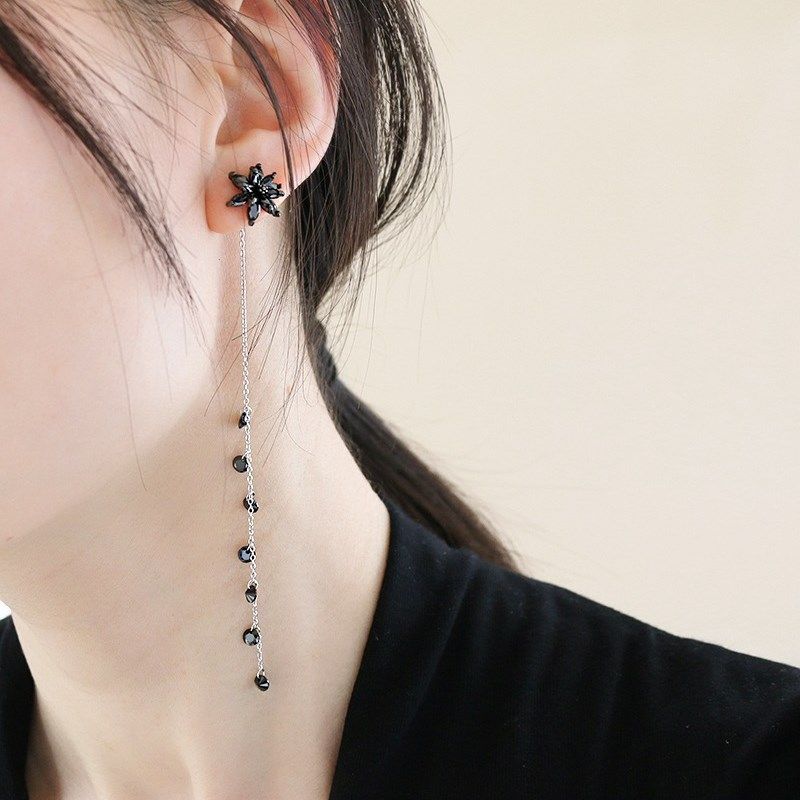 TLZ气质耳线流苏后挂式长款耳钉耳环黑色锆石冷艳立体花韩国耳饰,饰品/流行首饰/时尚饰品新,耳环,淘宝优惠券,粉丝福利购,淘宝优惠卷