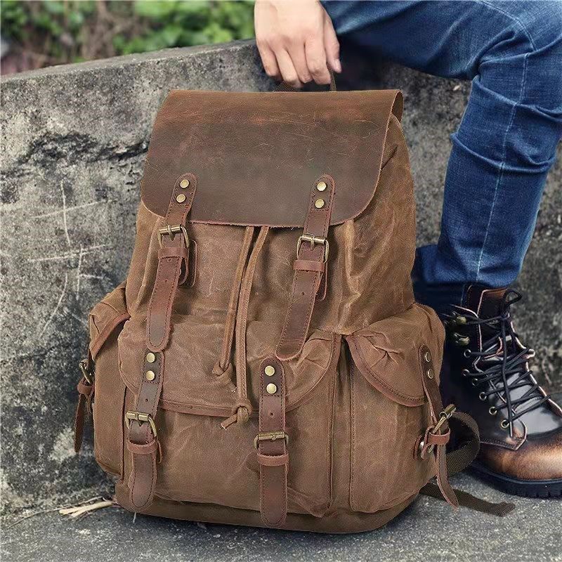 胡椒盐复古疯马皮双肩背包旅行登山户外双肩包大容量油蜡帆布包,箱包皮具/热销女包/男包,双肩背包,淘宝优惠券,粉丝福利购,淘宝优惠卷