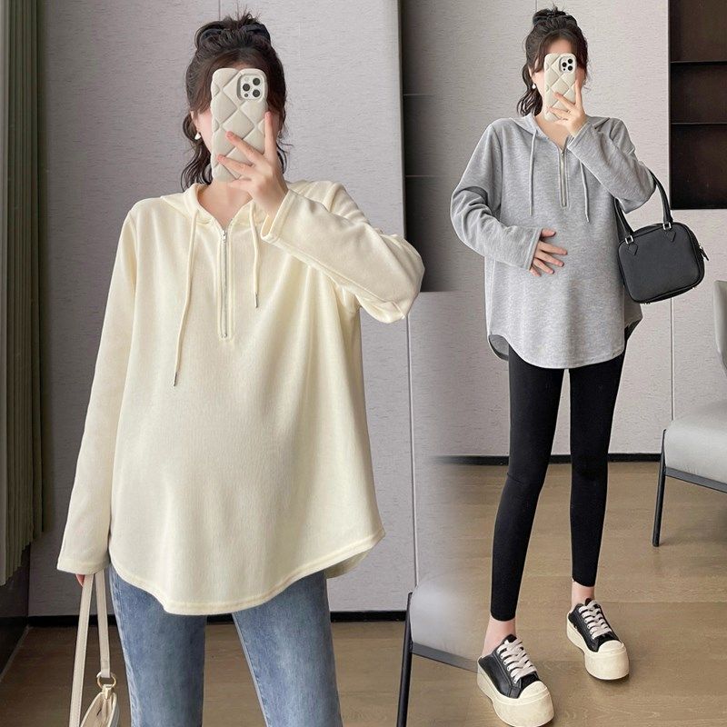大码孕妇卫衣春秋款中长款韩版休闲宽松连帽T恤上衣女潮妈200斤秋