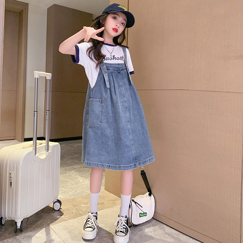 女童夏季连衣裙套装韩版洋气儿童夏装裙子女大童牛仔背带裙两件套