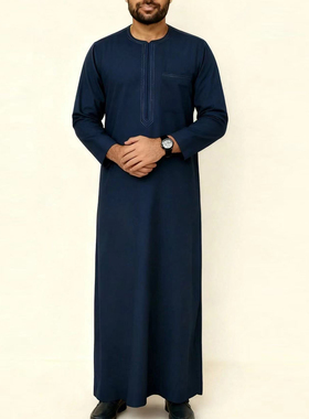 阿拉伯男士长袍宽松休闲圆领长袖男装阿联酋阿曼袍子民族风Thobe