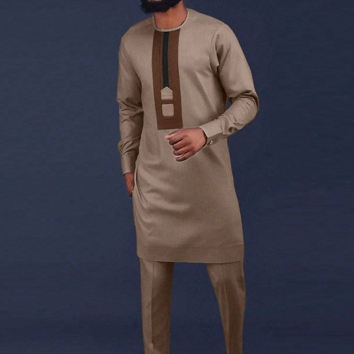 Men Traditional 2pc Outfit优雅气质非洲男士休闲上衣长款两件套