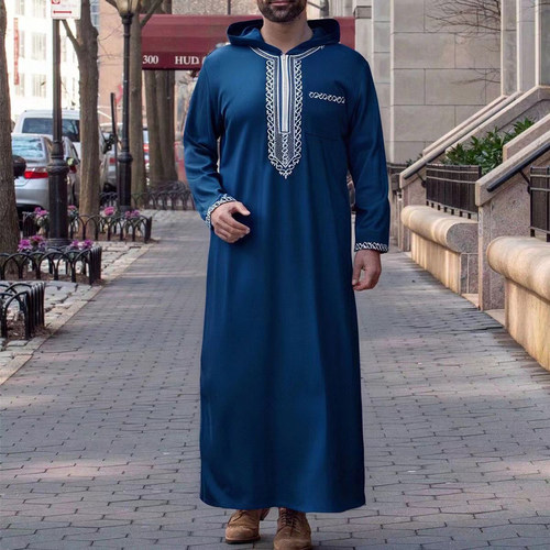 春夏新款男袍衬衫连帽刺绣带口袋套头民族服饰迪拜袍子表演服大褂