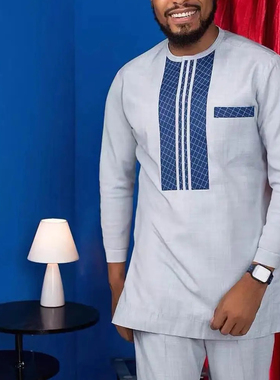 节日男士套装非洲风修身中长款民族服装四季通用两件套穆斯林礼服