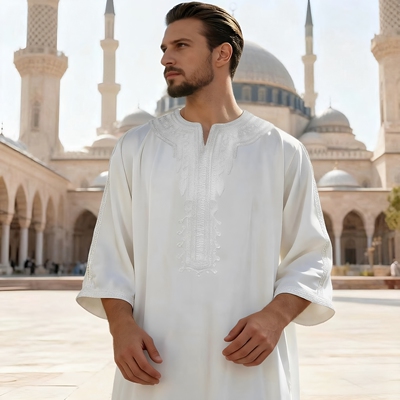 Kaftan Men Thobe Tunic大码舒适民族风宽松七分袖男绳绣袍子长衫